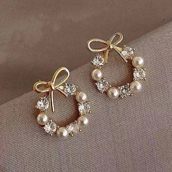 Luxe Gold Tone Cubic Zirconia Faux Pearl Wreath Earrings - Picture 3 of 5